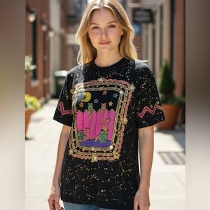 Vintage KWBL Black Graphic Hand Painted T-Shirt Cats Colorful Design Large L